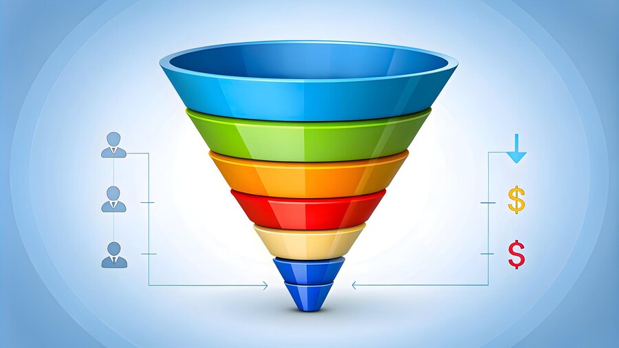 Colorful 3D funnel chart illustrating stages of a digital sales funnel with dollar signs and user icons